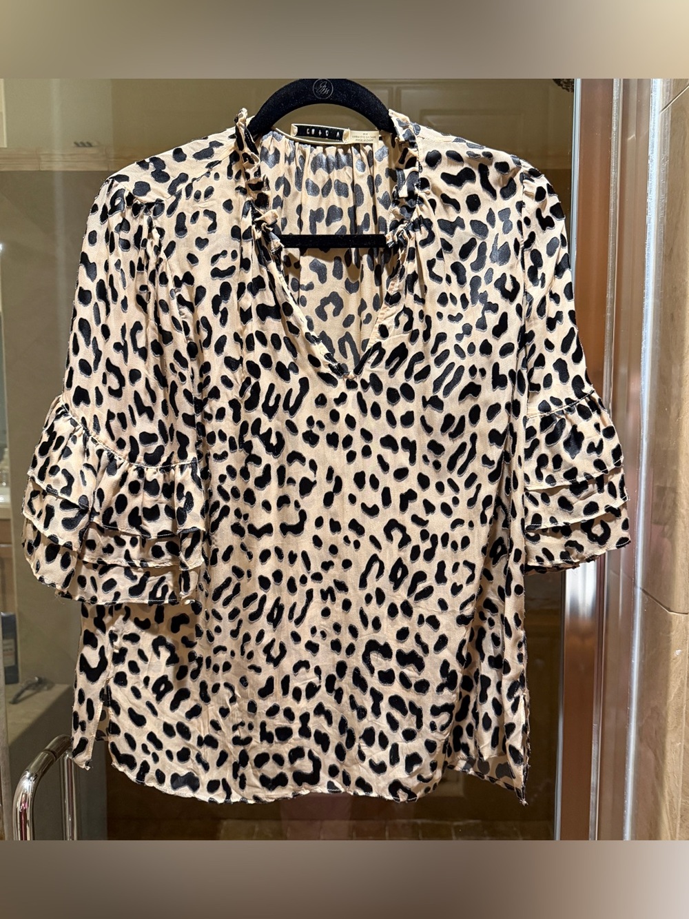 Alice + Olivia Cream and Black Leopard Ruffle Sleeve Blouse